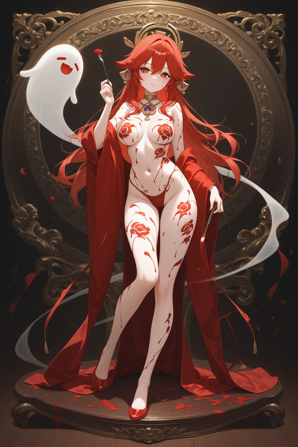 red eyes、naked、(((pubic hair)))、female organ、strong wind、storm、tattoo、Beautiful Girl Magician、Red-haired twin tails、((whole body))、(((photo taken from below)))、darkne magic circle、cloak