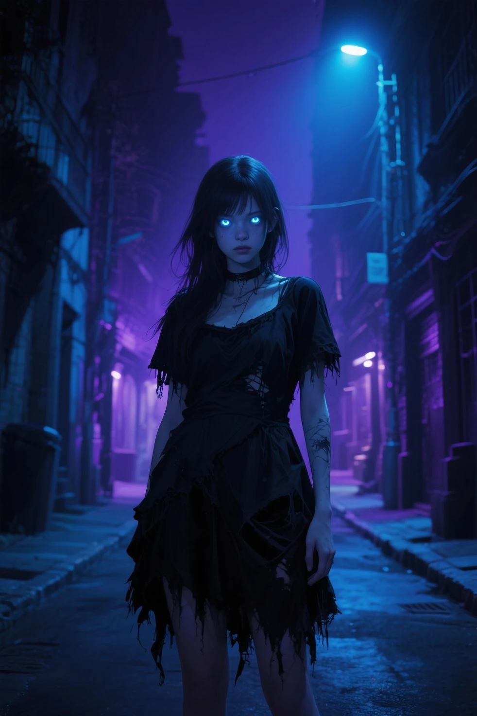 fantasy comic art fog hiding female vampire, you only see a pair of glowing blue glowing eyes )) full body  picture, (((the fog hides the face))),  red lips, (((vampire fangs: 1.5))), you see only the glowing eyes , you see only the pair of eyes, fantasy dark alley background, the fog fills the alley, you see only the glowing eyes 