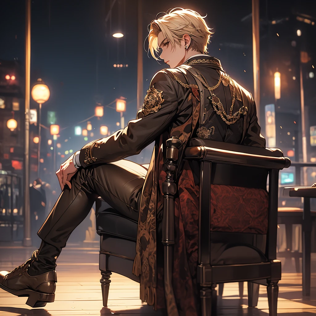 Young man, silver hair, dragon horns, itto genshin impact, black pants, leather coat, dragon tail, fire, monk, D&D, tattoos on his arms, holding a club with golden thorns, sitting on some wreckage of a destroyed city