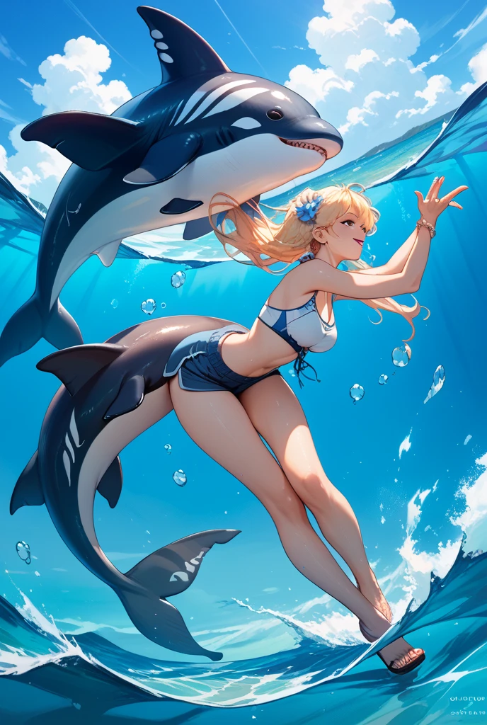 Highest quality,Highest Resolution,Girl swimming in the deep sea,The picturesque world of Lassen,Dolphins and Killer Whales,coral,sunset,