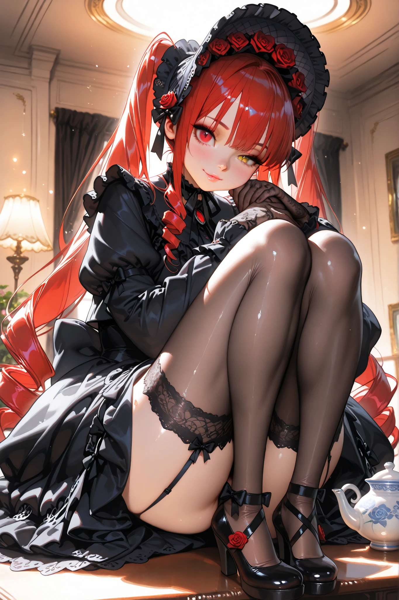（Enrich the picture，Masterpiece level quality）Beautiful 8K CG artwork,1girl,solo,morgan le fay (fate),detailed face, perfect face, perfect eyes,blue eyes,Long Hair, pony tail,Very long hair, big boob, black bow,Hair Bow, thighs,side locks, French braid, grey hair,Slim and soft,big breasts,
