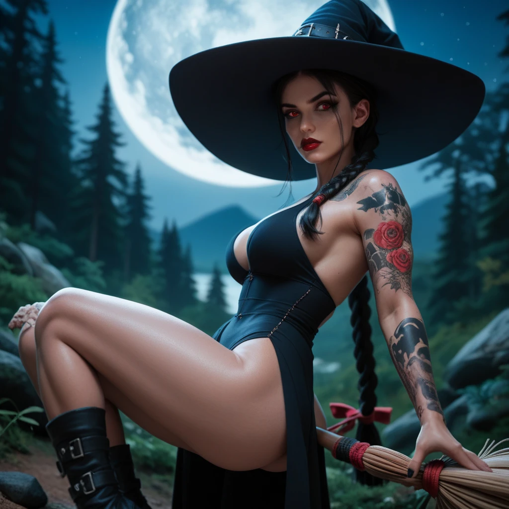 a fictional 3D character from fantasy world RPG, ela tem o tom de pele escura e com tatuagens de bruxo, wearing a sorcerer's hat, posing on his back to make a fire spell on his staff, She's in a dark, gloomy forest, has enemies coming in your direction, Time is night and fire magic makes effects of reflections on your body, she's got her clothes torn, mostrando seu belo corpo definido, is wearing only panties on the bottom, she's looking angry, its great magic reflects firelight throughout the room, The photo taken from long distance, She's on her back attacking enemies from Flores, posing with her ass facing Camêra