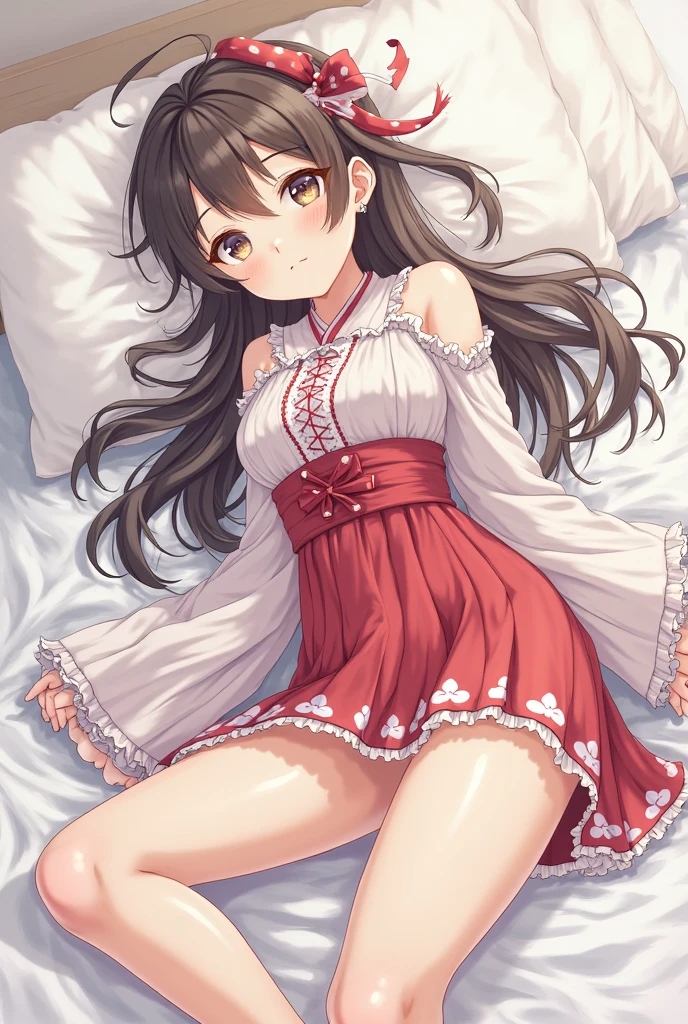 Sexy female, sitting on a bed, one hand in her panties, she is peeing her panties, and she is very flustered, cartoon design, anime, anime girl, low detail, her panties are wet