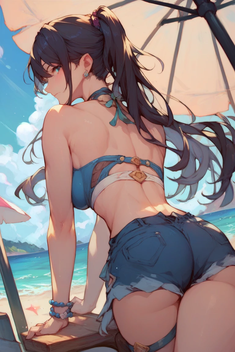 summer、Ocean、blue sky、beautiful girl、bikini、、Back view、hip focus、sexy、Low angle、Medium chest、Black Hair、Semi-long hair