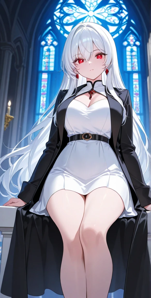 absurdly long hair, ankle length hair, silver hair, large breasts, slim waist, wide hips, (perfect body proportions), slim legs, micro skirt, rin tohsaka, rainbow eyes, (x shaped pupils), thigh high socks, garters, sitting, library, gemstone necklace, high heels, stiletto heels, knee high boots, long gloves, detached sleeves