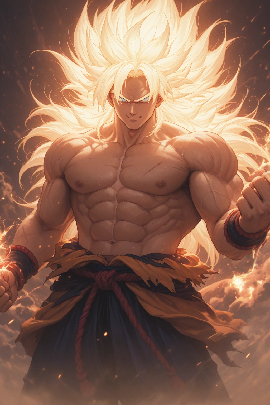 (masterpiece, best quality), intricate details, 8k, artstation, wallpaper, official art, splash art, storm in background, sharp focus, 1boy, (photorealistic:1.2) (bokeh) (best quality) (detailed skin:1.3) (intricate details) (8k) (detailed eyes) (sharp focus) son goku, angry, battle damage, blonde hair, blue sash, clenched teeth, furious, green eyes, male focus, muscular, muscular male, pectorals, sash, solo, spiked hair, super saiyan, super saiyan 1, teeth, topless male, torn clothes, wristband,