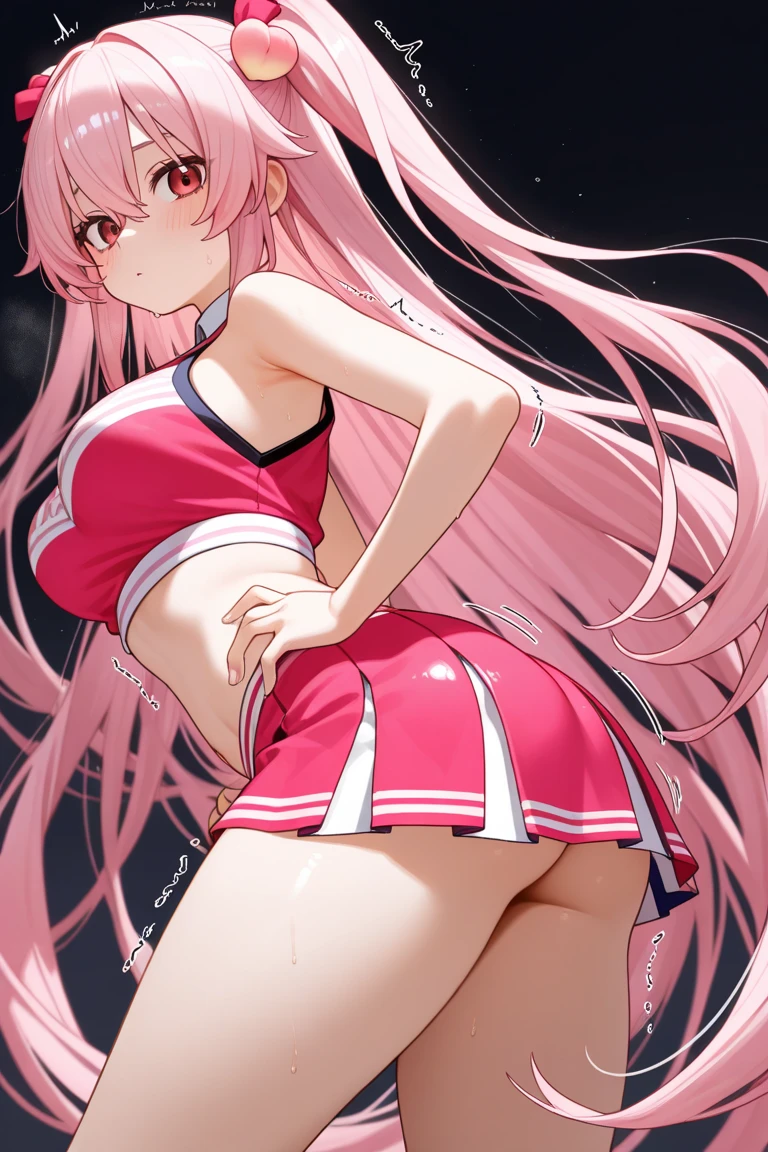 Very beautiful girl on her back upskirt panties visible looking at the viewer Bright pink hair very long, embarrassed, brush, big low angle ass, thicc, big boobs, transparent panties 4k Full HD, super detailed, pink eyes, best quality, masterpiece, top on pixiv (((nsfw)))
