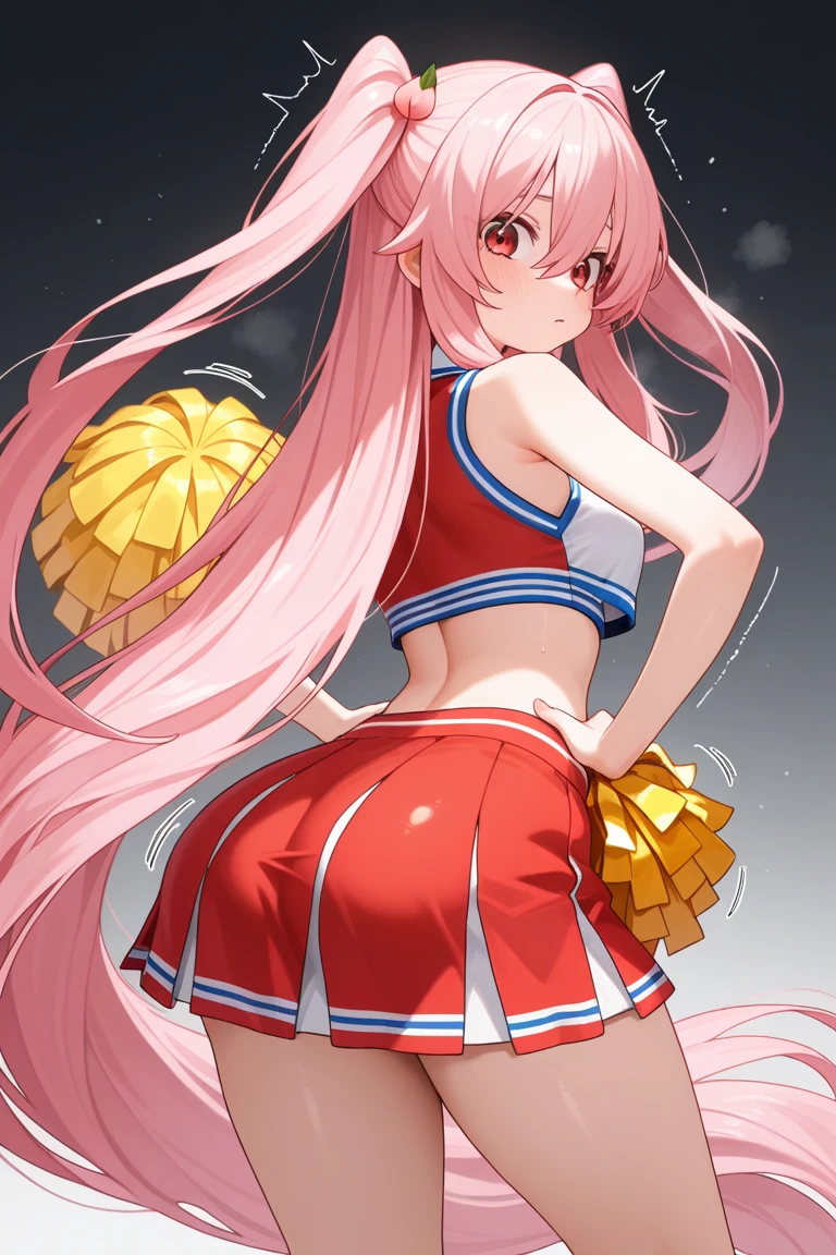 a miniskirt、Red Buruma、Raw feet、Beautiful thighs、is standing、outside of house、sports ground、red blush、a smile, cheerleaders、(((Orange pom pom)))、Raising one leg、Bouncing、Green Ribbon、(((White cheergirl costume)))、(((long white hair)))、(((Hair is fluttering)))、(((Blue headband)))、(((I'm rooting for you)))、(((White hair)))