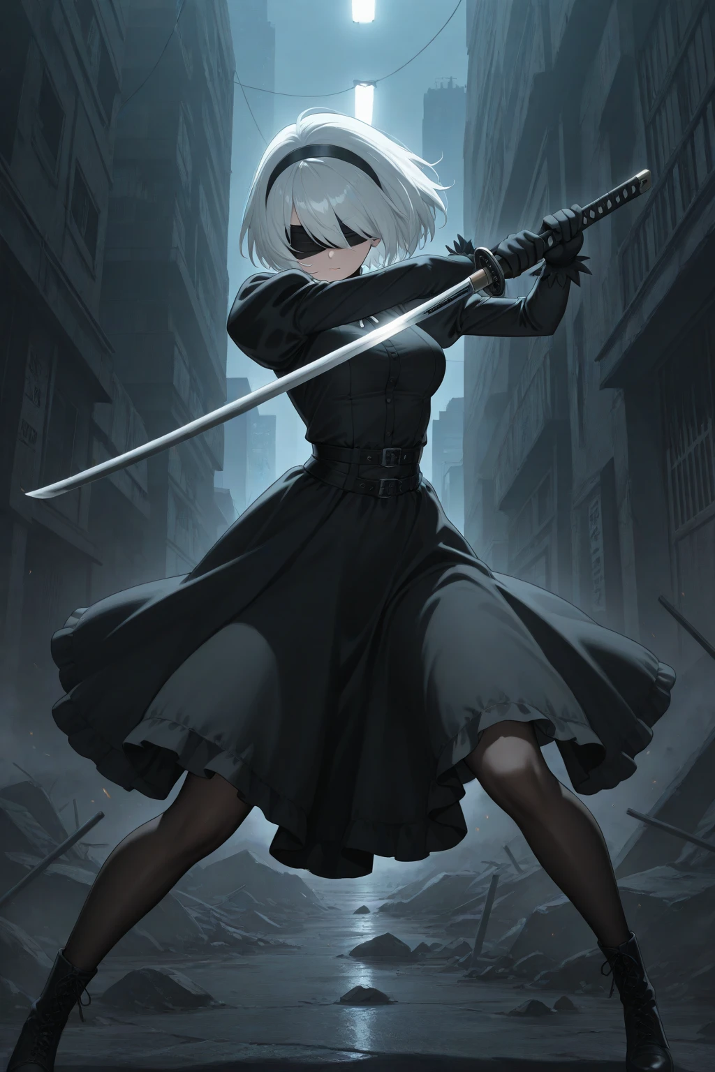 YoRHa No. 2 Type B, mysterious ambiance, expressionless face, dynamic pose, blindfold, solitary presence,Nier: Automata 2B, a fierce fighter with a stunning sword, showcasing her powerful thighs and elegant attire, exuding strength and beauty with a touch of sophistication