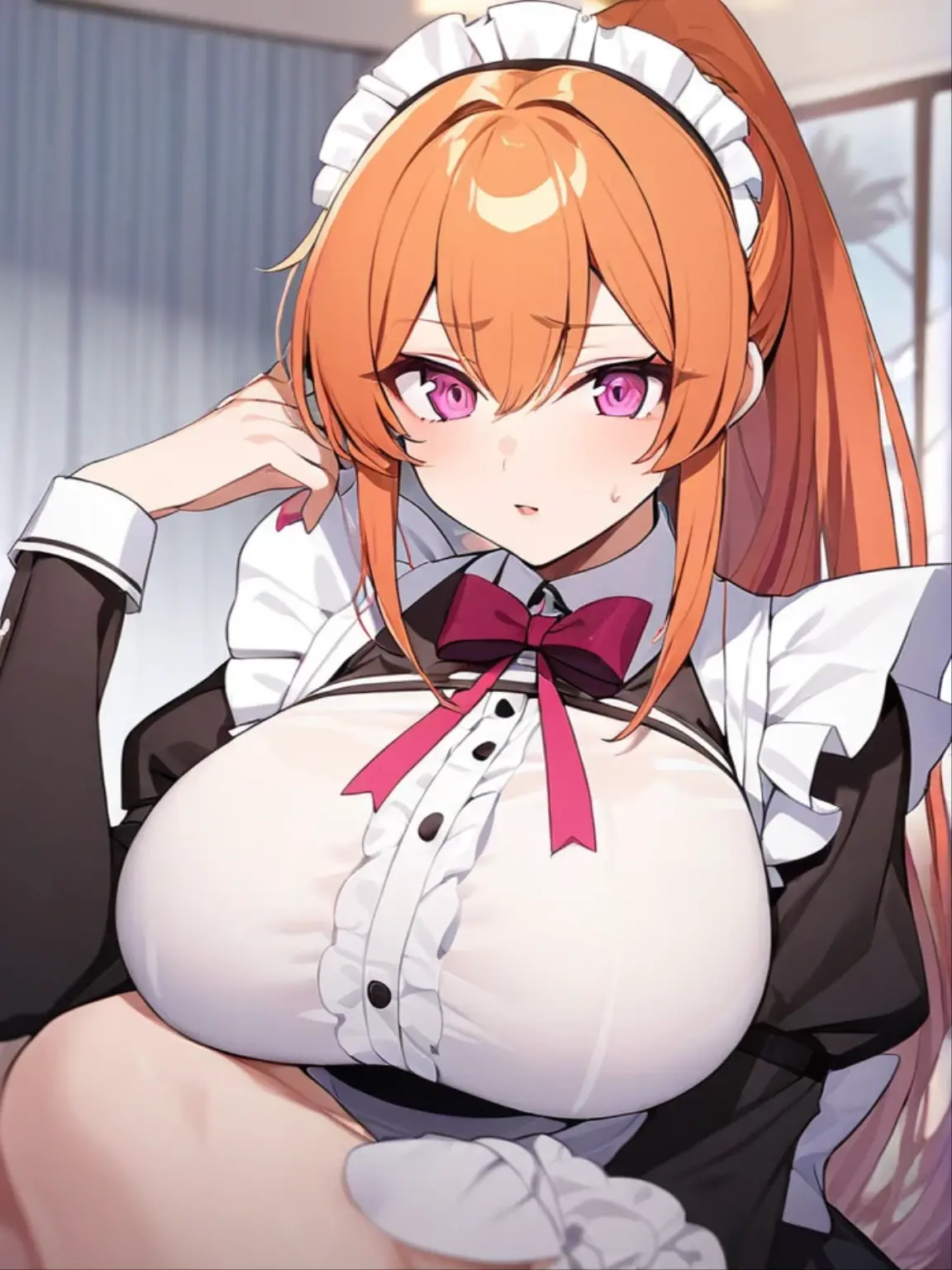 girl, orange hair, long hair, ponytail, pink eyes, big breasts, maid costume