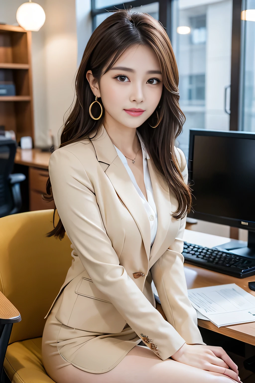 1 female), beautiful, Great face and eyes, Compensate, (Very detailedbeautiful顔), Captivating smile, (highest quality:1.4), (Very detailed), (very detailed CG synthesis 8k wallpaper), Very detailed, RAW Photos, Professional photography, (Dark colored suit, White mini skirt:1.2), (A business shirt with a wide open chest), length, light brown, Messy Hair、Big earrings、Sitting on a bench、