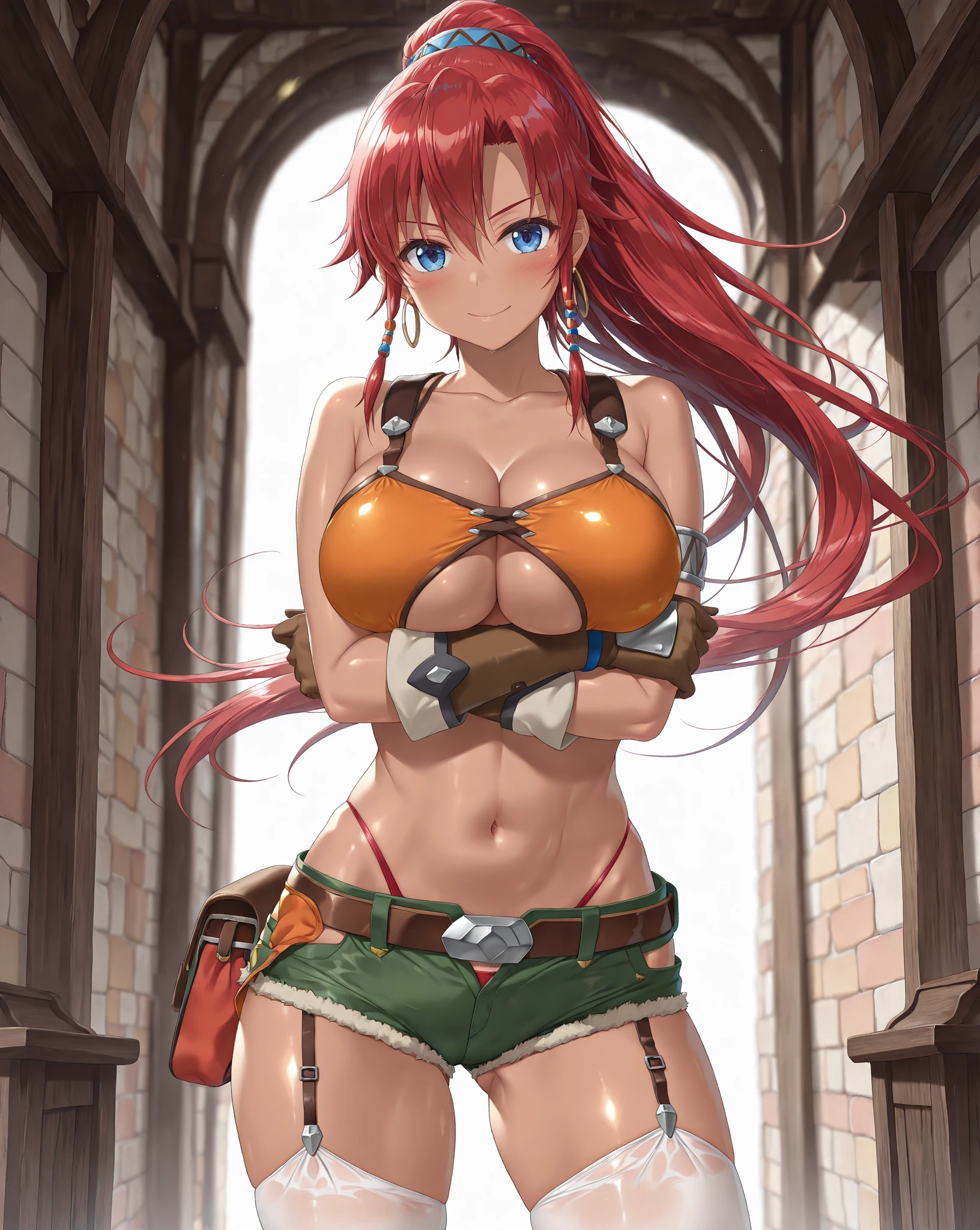 anime(Hyakka Ryouran: Samurai Girls), female teenage , sexy (very big tits), actress (Juubei Yagyuu), blue eyes ,  red hair that is to chest length , katana, twin ahoge, hair tube , She was practicing using the double swords at the dojo