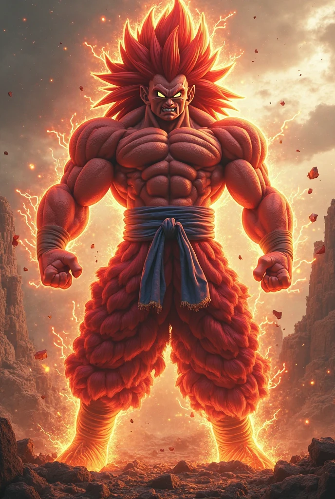((((Yuujiro)))) a man with enormous muscles from the anime Baki, extra detailed muscles, Super Saiyan, long red hair, scary face, Red eyes, Serious, fighting furiously with Saitama from One Punch Man, background destroying city