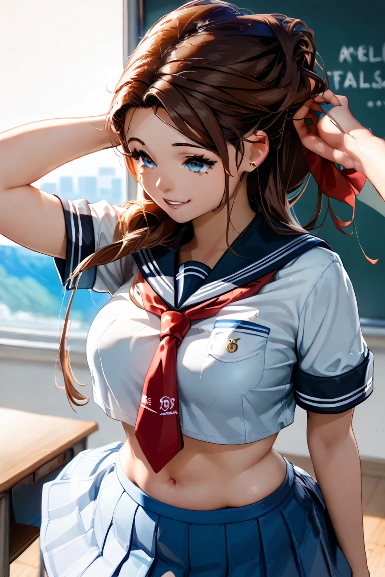 1womanl,12year old,Brown hair,Beautiful ponytail hairstyle, (Teal High Waist Mini Skirt:1.3),, (whiteshirt:1.3), (double-breasted,Underbust:1.2), Short sleeves, buttonGap,A smile,small tits,Sweaty shirt,Sweat on the thighs,