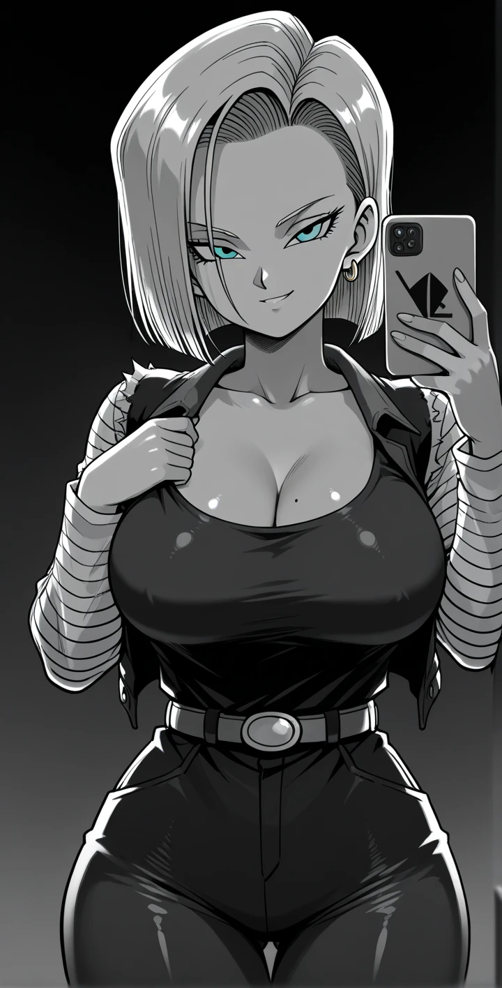 Android 18, seductive smile, holding a sign up that says "ZEE'S PHONE"