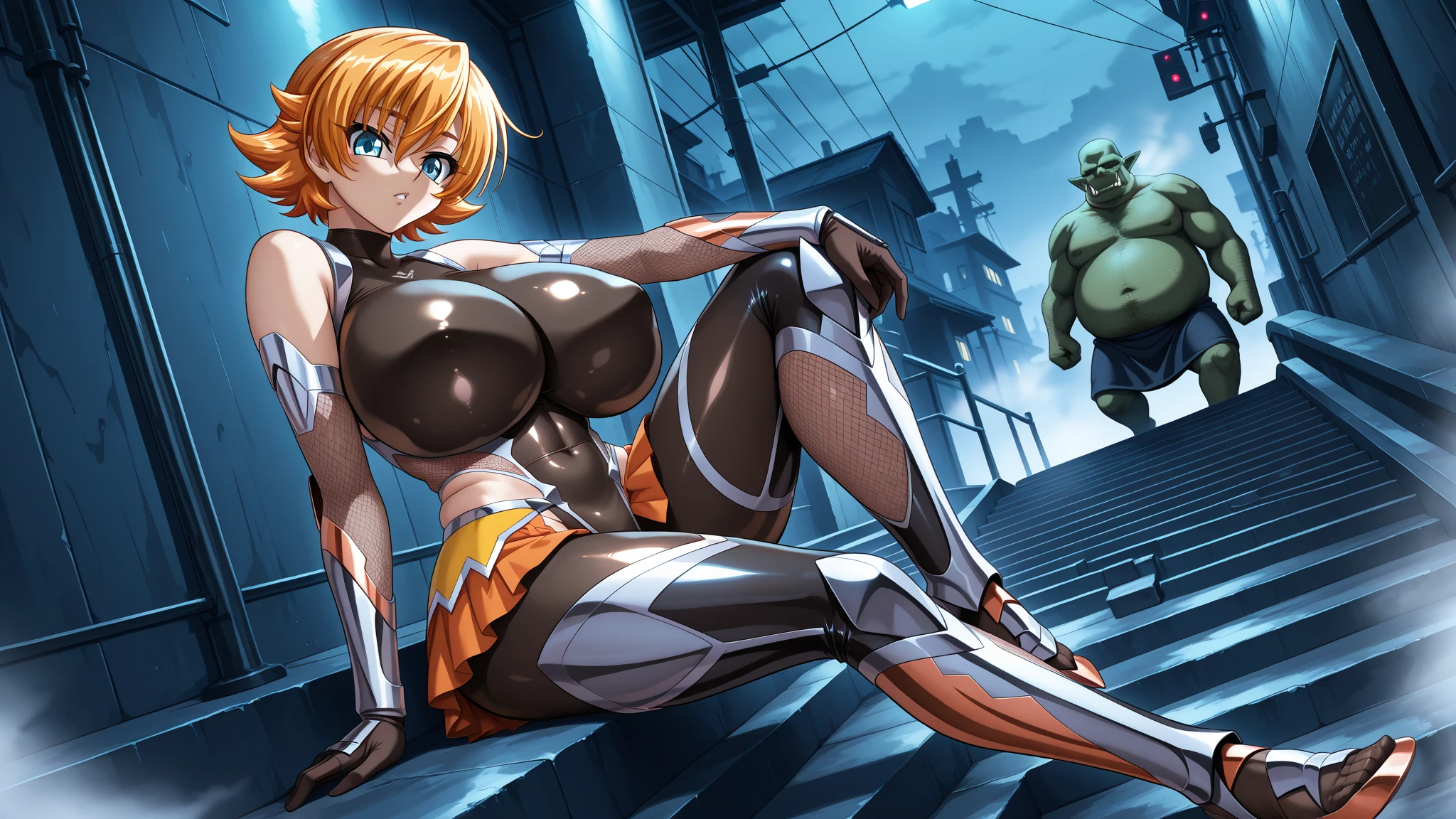 igawa, igawaoutfit, (ripped costume:1.2),black bodysuit, bare shoulders,orange ultra miniskirt,blonde hair,bob cut, ninja, shiny clothes, skin tight, fishnets,arm guards, looking at viewer, city, dark sky, cloud,nsfw,(highres, high quality:1.1), intricate details, cinematic lighting, 1girl, (1male 40yo Mafia, penis:1.2), red blush,embarrassed),all-fours,Raise your butt high,((1man and 1woman,having doggystyle sex:1.2)),man hold woman's waist,doggystyle,nsfw,from side,spanking,blow job
