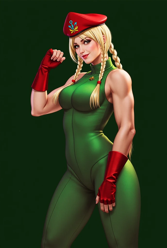 (Muscular:2.4), (thick upper thighs:2.5), (abs:1.5),
(cammy, blonde hair, long braids:1.5), beauty mark, freckles,
detailed eyes, detailed skin, red lips, eyeshadow, (big smile:1.2),
(small breasts:1.5), hard nipples,
(green sleeveless leotard, small gloves, red beret, armband:1.5), boots,
(upper body view:2), (looking at viewer:1.4), (three quarter view:1.7), (sexy pose:1.5),
back alley, (dimly lit:1.5)