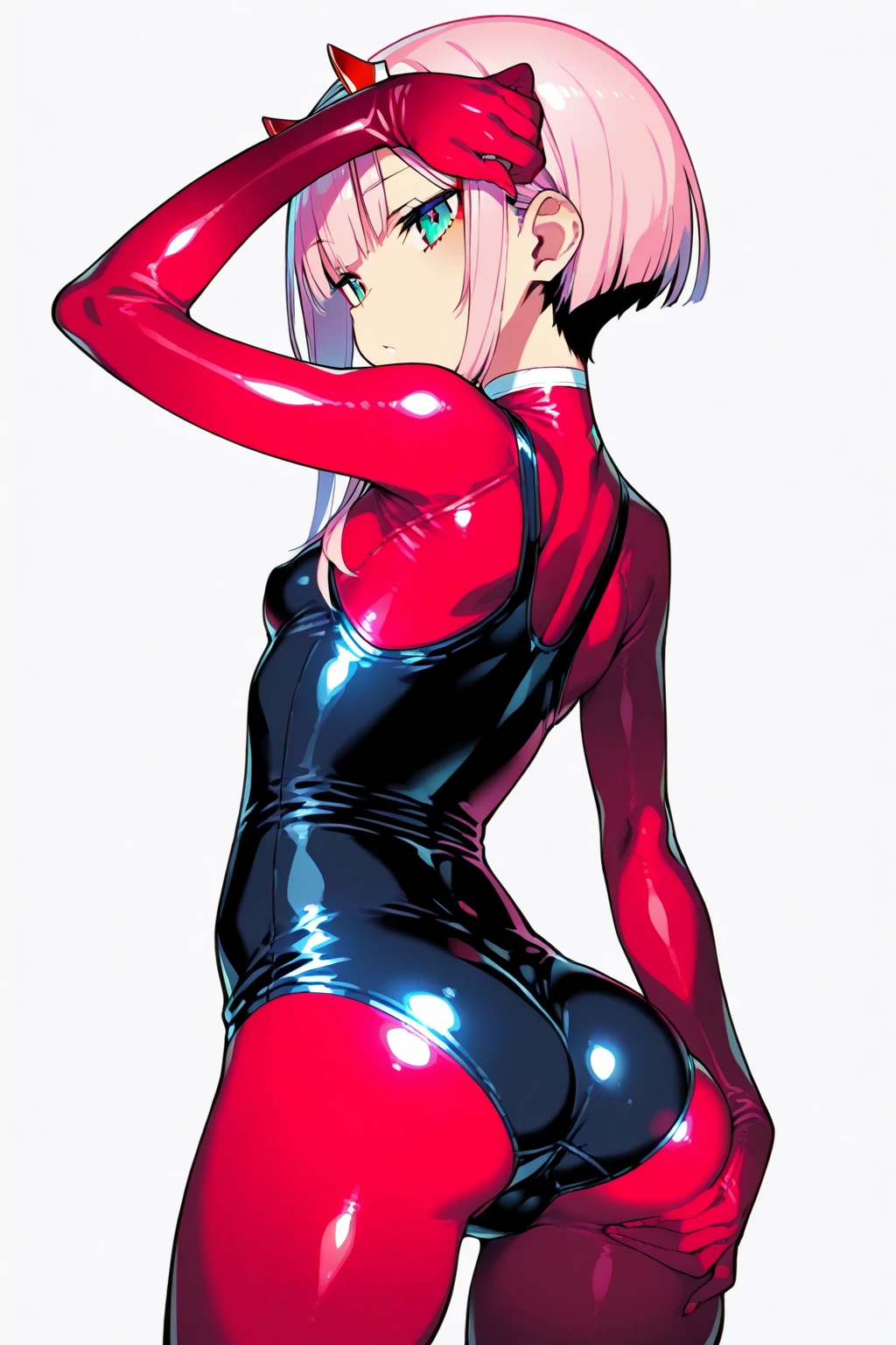 (anime screencap, animated, Anime:1.2), 1girl, solo, standing, black bodysuit, (back, ass:1.05), (blush:1.2), surprised face, looking back, hands, black gloves