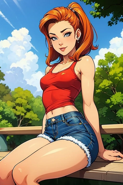 A sexy girl in her twenties seduces a beautiful 15-year-old boy wearing shorts with her breasts 