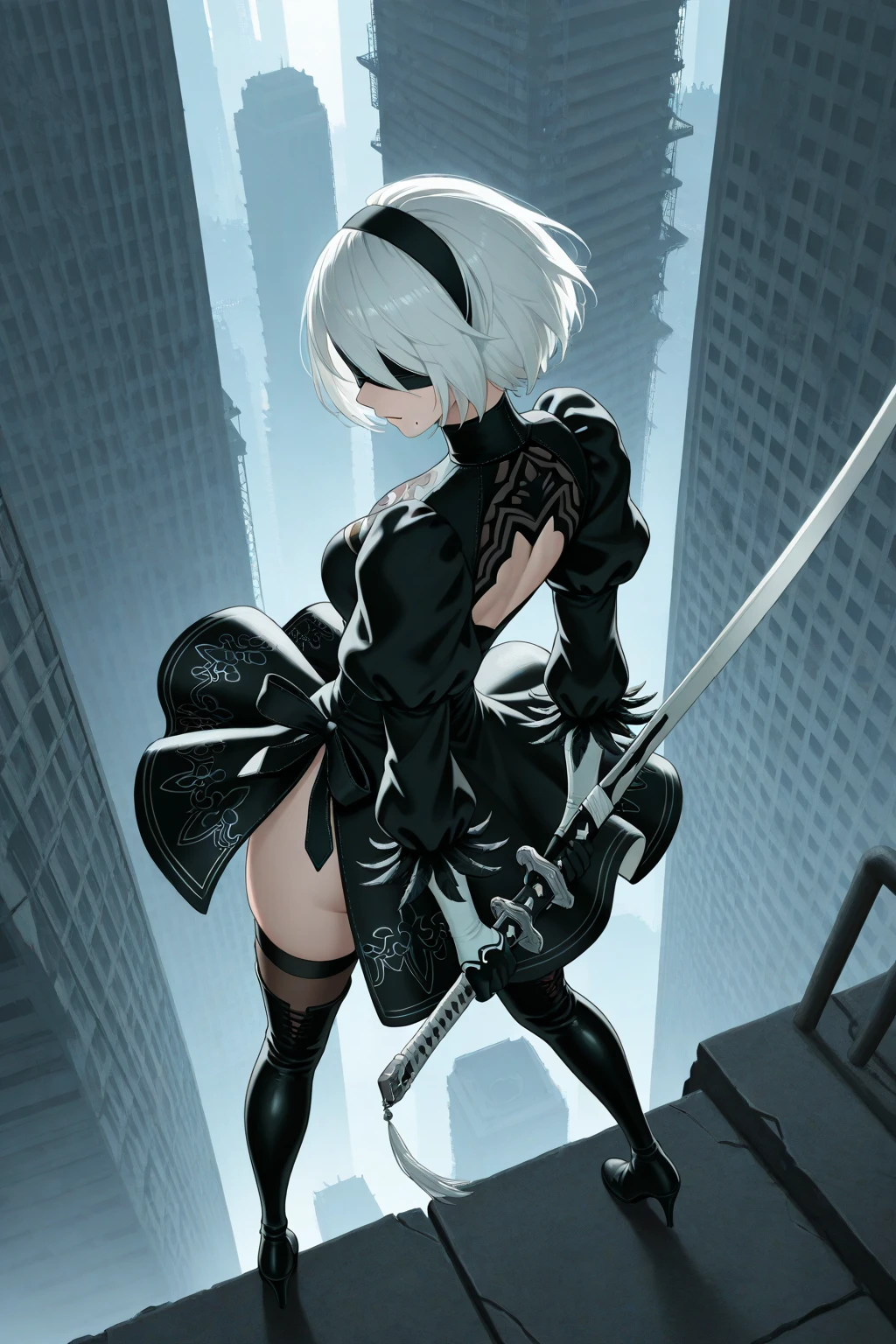 (masterpiece:1.2, best quality:1.2, beautiful, high quality, highres:1.1, aesthetic), detailed, extremely detailed, ambient soft lighting, 4K, perfect eyes, perfect face, perfect lighting, cowboy shot, yorha no. 2 type b, 1girl, absurdres, black blindfold, black dress, black hairband, blindfold, blue sky, boots, building, city, cloud, covered eyes, debris, huge ass, huge breasts, huge thighs, narrow waist, wide hips, thick thighs, curvy, dress, feather-trimmed sleeves, feather trim,  bending over, leaning forward, from below, gloves, grass, hairband, high heel boots, high heels, highres, juliet sleeves, katana, leather, leather boots, long sleeves, nier \(series\), nier automata, outdoors, overgrown, pod \(nier automata\), post-apocalypse, puddle, puffy sleeves, rubble, ruins, scenery, sky, thigh boots, thighhighs, thighhighs under boots, water