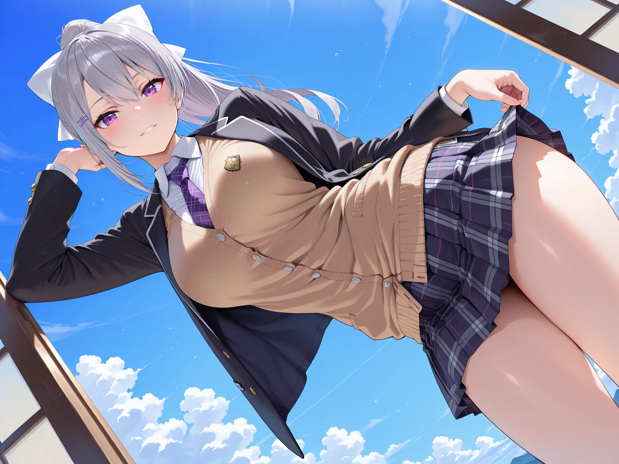 (realistic 8k:1.5), 超A high resolution,nffsw, masutepiece、four fingers a thumb, Perfect human hands,One Woman、独奏,(toppless:1.5),(Panty Lift:1.5)、(The background is a school classroom:1.5)、(skirt by theリフト:1.5)、(from below looking up:1.5)、hi-school girl、student clothes、(blazers:1.5)、(skirt by theを手で掴む:1.5)、(skirt by theの裾を掴む:1.5)、skirt by the、(Open your crotch:1.5)、(Raise one leg:1.5)、Standing at the front、fullnude、(Black panties:1.5)、(Fluttering the chest:1.5),(agitation:1.5)、(Enchanting:1.5)、(Embarrassment:1.5)、(fear:1.5)、 ((Realistic, Super realistic, Realism, realistic detail)),A smile、Smiling、Embarrassed face、Cute Japan Woman,((hyper detailed background, Delicate pattern, intricate detailes)), (Highly detailed, Fine details,),beautiful detailed face and eyes and hair,1girl in,(Big dark eyes:1.5),large full breasts, big butts,water dripping, (NSFW)