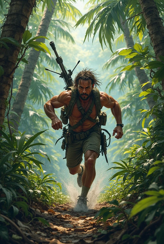 A person exploring from the jungle to the sea using weapons like rifles.