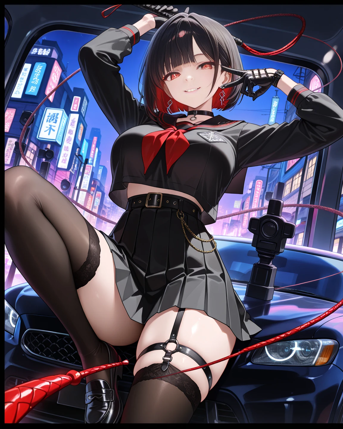 1 Girl,{White shirt},Black Hair,short hair,Red Eyes,wear glasses,Medium breasts,Red tie,Bangs,Black skirt,Black Martin boots,bend over