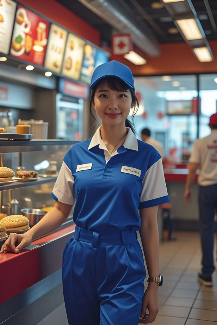 RAW photo, 1girl, solo, from front, YuuSaku, looking at viewer, cashier, behind cash register, uniform, collared shirt, button gap, smiling, visor, 8k, uhd, highly detailed, masterpiece, indoors, fast food restaurant <lora:XenoDetailer_v2:0.2> <lora:YuuSaku_v2:1>