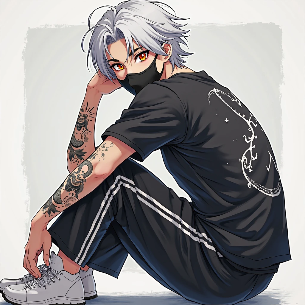 um personagem masculino, pele escura, olhos pretos e relaxados, medium hair covering one eye, a collar and chain as an accessory. Adicione um brinco e algumas pulseiras, some tattoos on the arm, wearing a black shirt, plaid sweatpants and white socks. Adicione orelhas de lobo e cauda peluda de lobo, postura relaxada. Make him chubby, the setting is a messy teenage room, make the character just by drawing something in a relaxed way, use soft brown tones for makeup. 