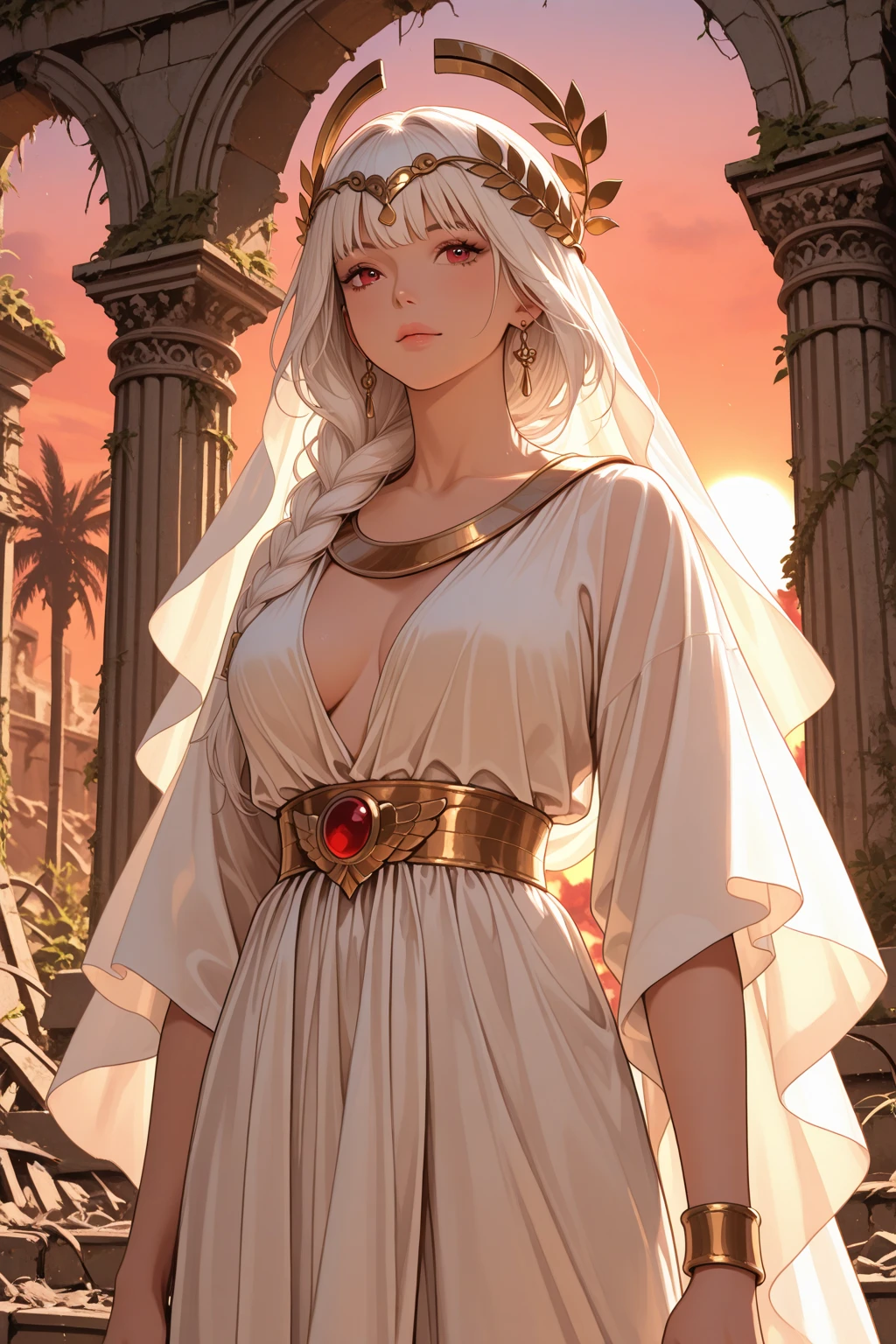 (masterpiece, best quality), 1girl, mature female, breasts, long white hair, white clothes, bare shoulder, india clothes, pink eyes, light smile, tall figure, hair ornament, necklace, jewelry, divine, godlike, goddess, immortal, cowboy shot, detailed background, heaven palace, outdoor, godrays, sunbeams,