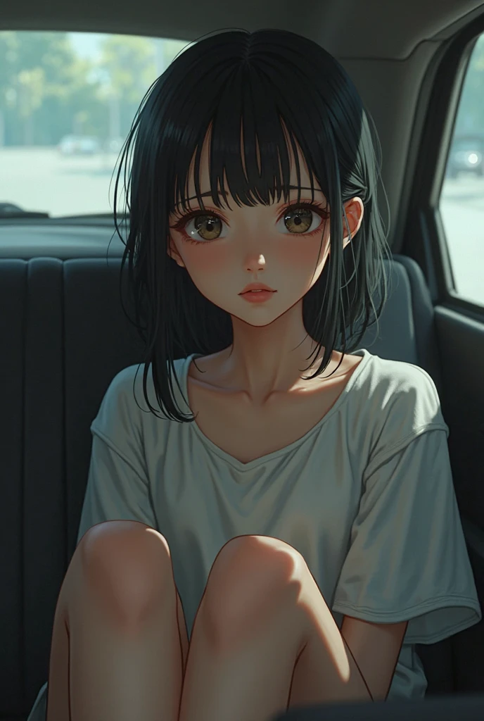 A girl sits on a car with a pen