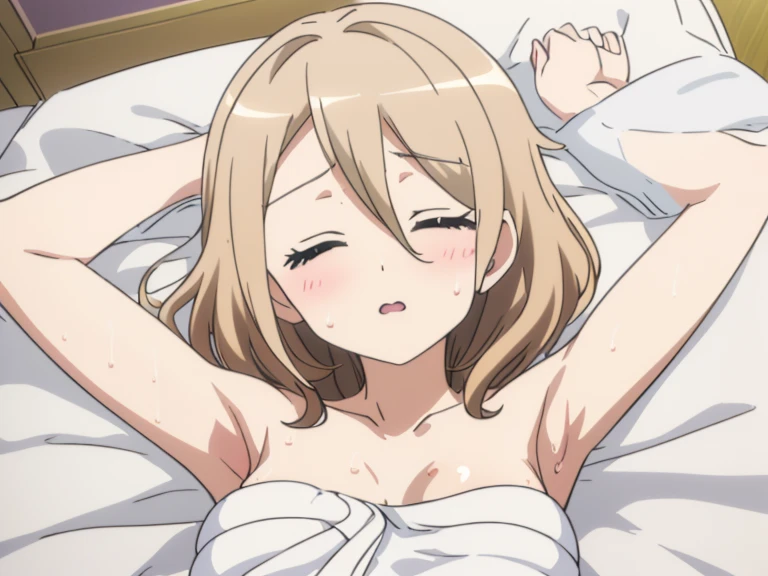 highest quality, (masterpiece:1.2), very detailed, jinno megumi, 1 girl, alone, looking at the viewer, open your mouth, smile, brown hair, ponytail, brown eyes, Scrunchie, (on the bed:1),(Doing a presentation:1.2),(best shadow), (moonlit room:1.1),(soft bed linen:1.1),1 girl, naked、small breasts、spread your legs、show off your crotch