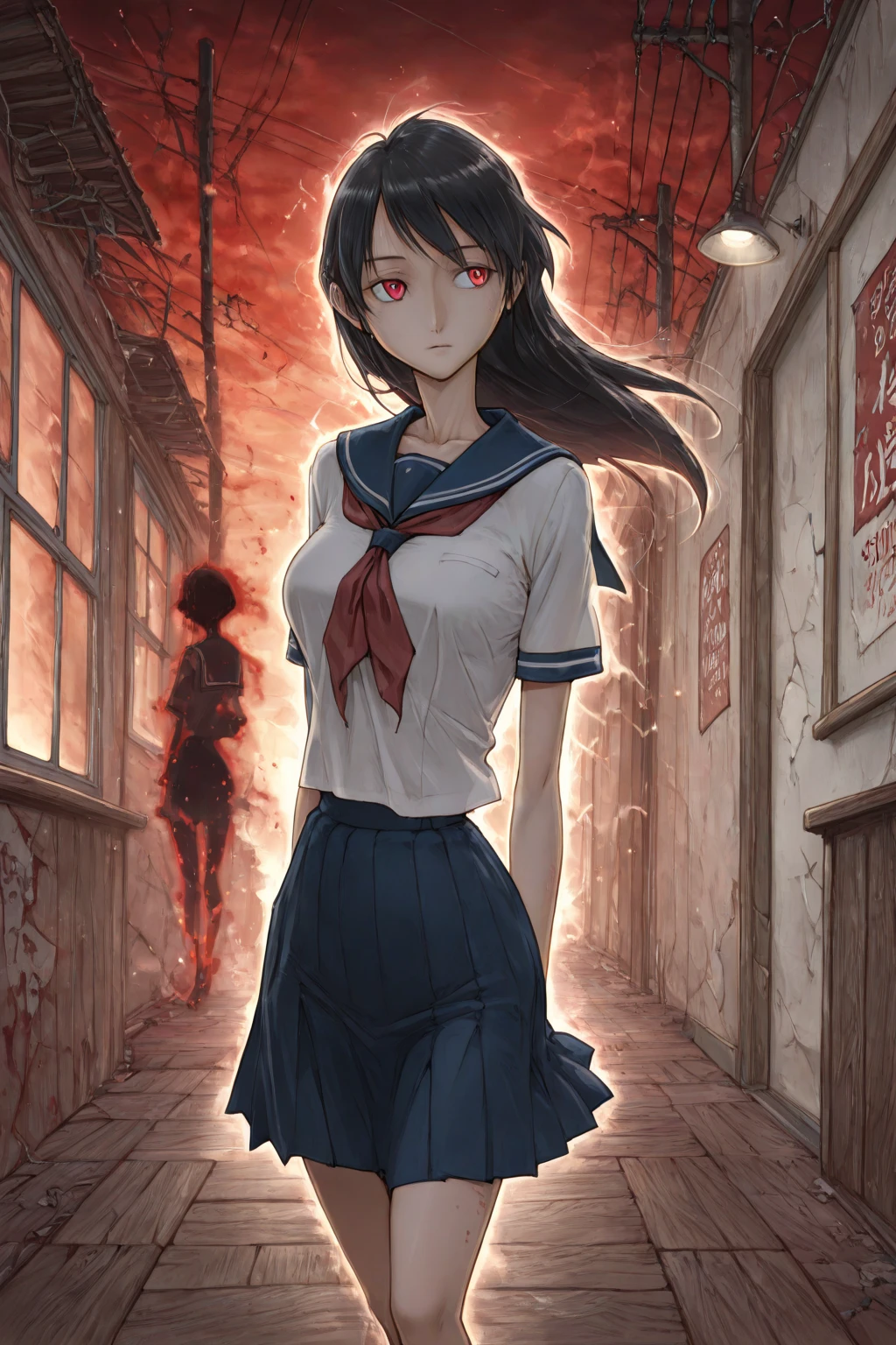 ((zombie girl)), black hair, red eyes, short hair, translucent skin, manga art.