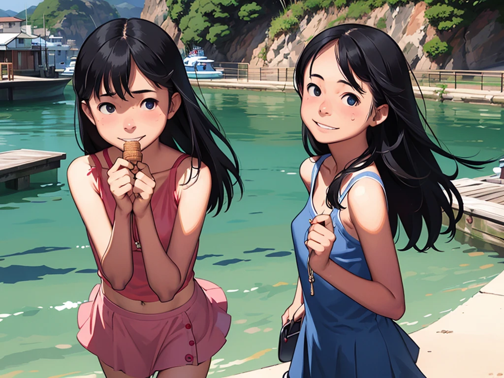 some Girls、12 years old、Ocean、Sandy Beach、Summer sun、School Swimsuit、slender、Detailed face、Detailed Hair、Clear skin、Looking at this、Whole body composition、Shot from below、Wet body、Chewing ice cream、Eating ice cream、The ice cream is melting、Ice cream is dripping