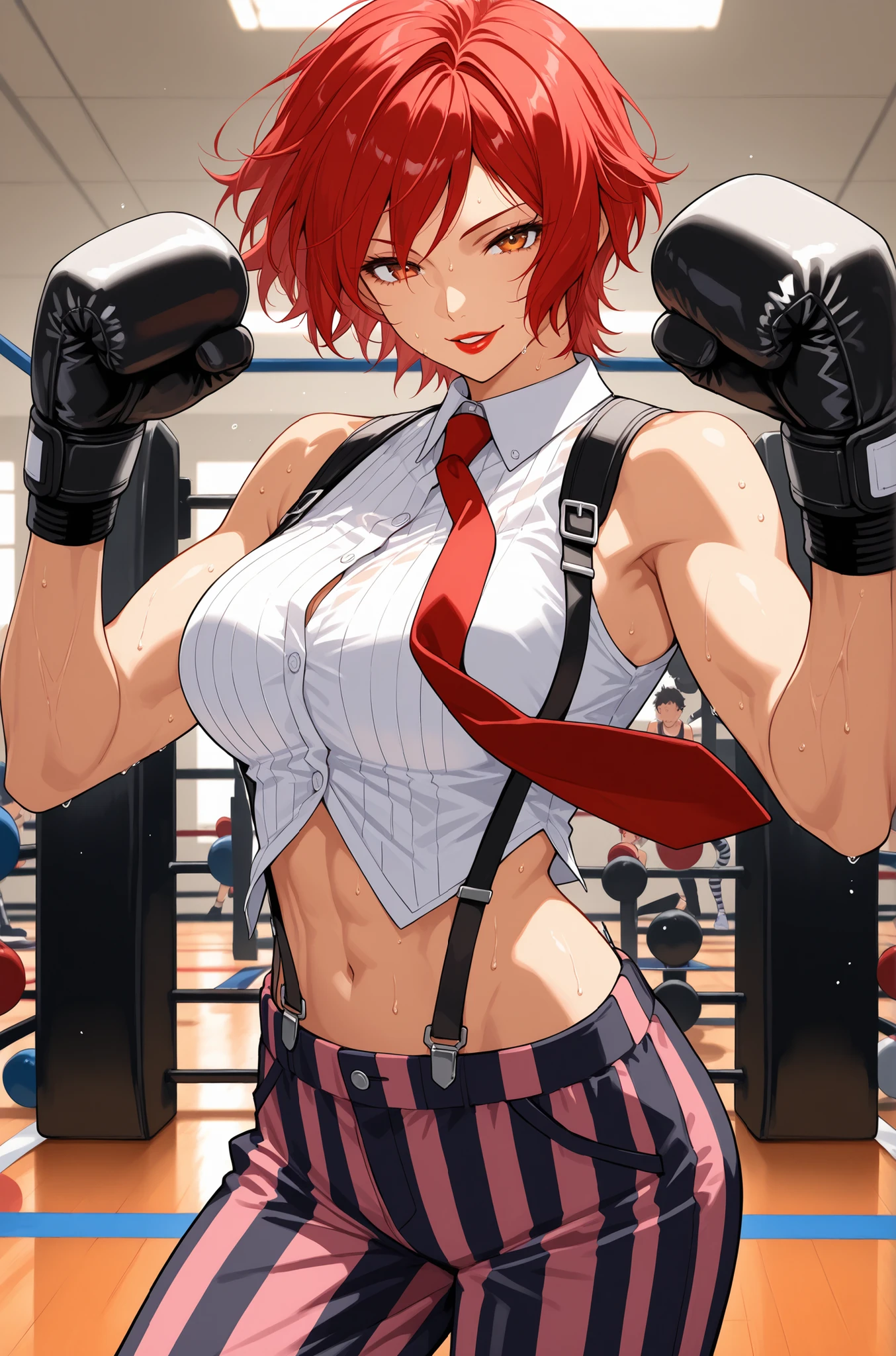 score_9, score_8_up, score_7_up, score_6_up, source_anime, BREAK masterpiece,   VanessaKOF, red hair, short hair,toned,sleeveless shirt, red necktie, black gloves, striped pants, navel, suspenders, gym, flowing hair, seductive smile, parted lips, red lips, looking at viewer, sweating,  boxing stance