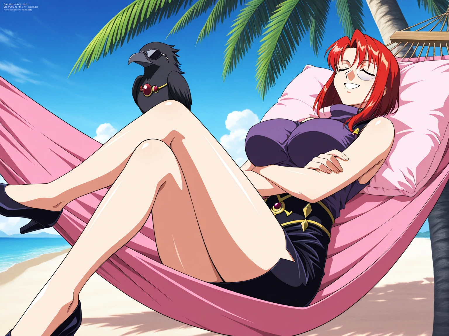 masterpiece, high resolution, best quality, beautiful art, rendered art, well formed hands, body and fingers, 1 woman, solo, Karin Maaka, adult , grown up, hair ribbon, grown up, mature woman, big breasted, cleavage, wearing a Mii outfit, sexy and skimpy jungle bikini, pelvic curtain, alluring body, full body, gorgeous legs, hips and thighs, ryona, in peril, defeated,knocked out, unconscious, closed eyes, lying down on the sand, passed out, exhausted, breathing heavily, sweating, sexy defeated pose, extended exposed full body, bouncing breasts, sexy smirk on her face, defeat and KO scene, martial arts tournament on beach background 