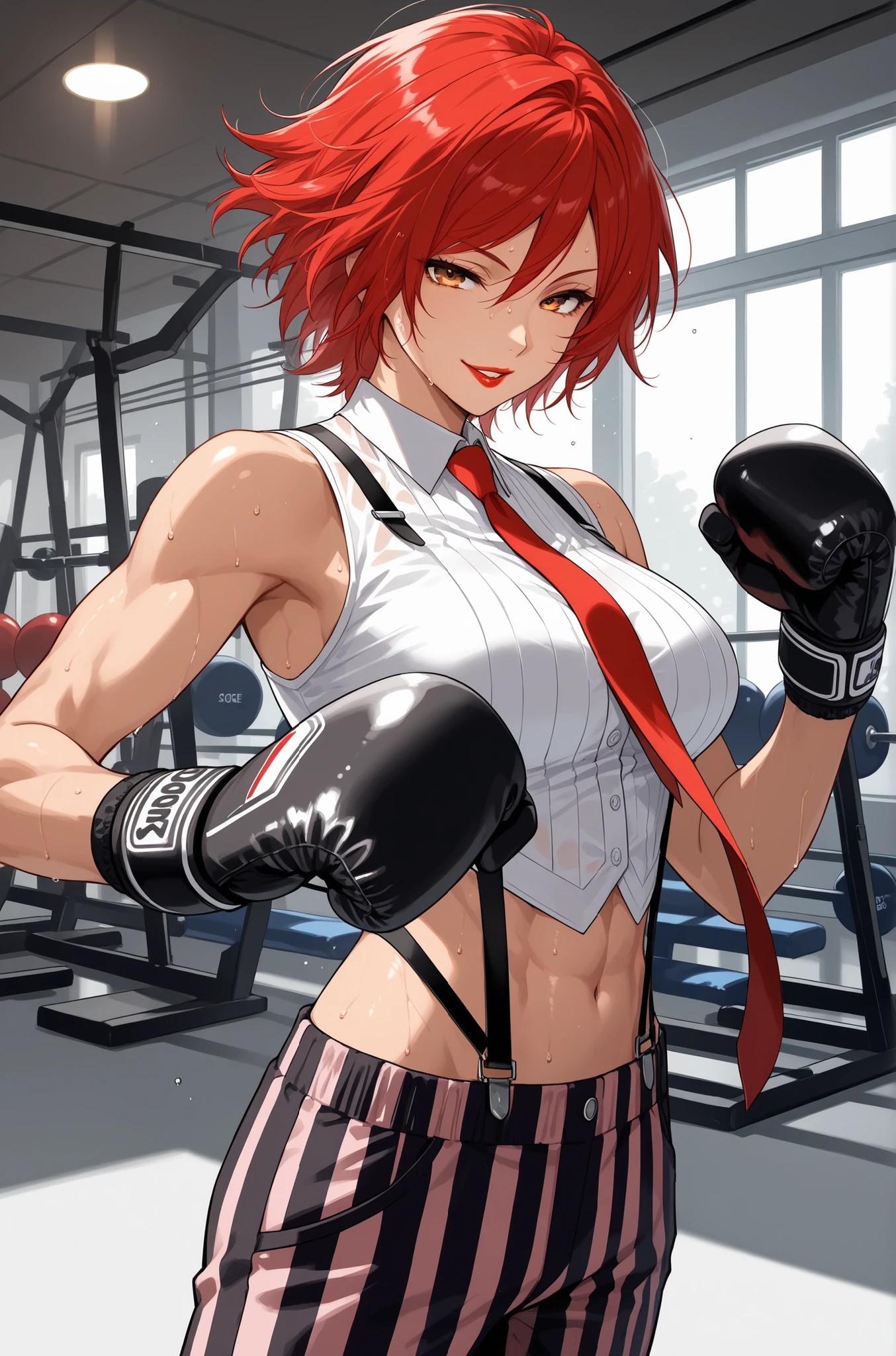 score_9, score_8_up, score_7_up, score_6_up, source_anime, BREAK masterpiece,   VanessaKOF, red hair, short hair,toned,sleeveless shirt, red necktie, black gloves, striped pants, navel, suspenders, gym, flowing hair, seductive smile, parted lips, red lips, looking at viewer, sweating,  boxing stance