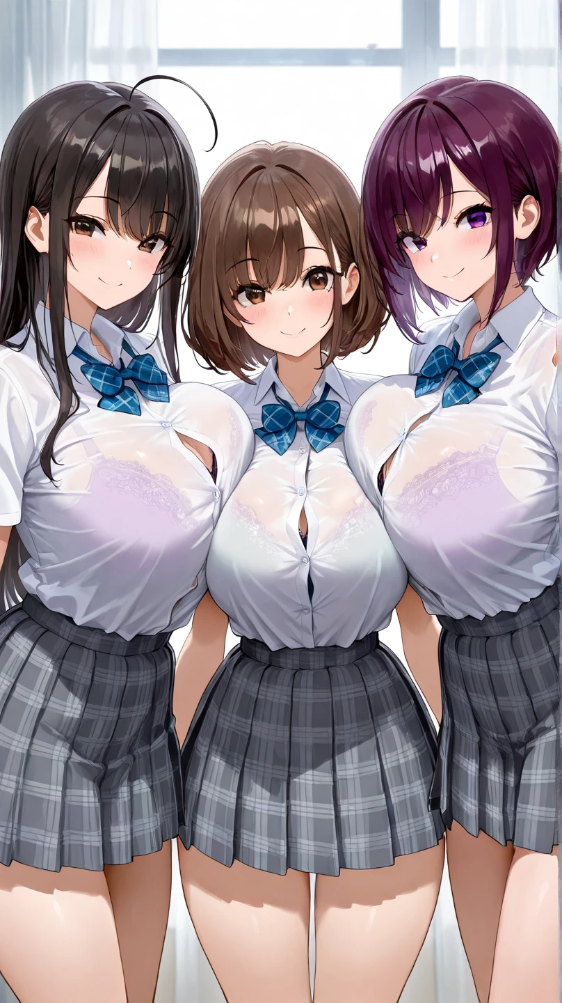 2girls, alternate breast size, black hair, day, bow, breast press, long hair, looking at viewer, mitakihara , multiple girls, pink eyes, pink hair, plaid, plaid skirt, purple eyes, ribbon, short hair, skirt, symmetrical docking, (((yuri,outdoors,潰れた大きい胸))),NSFW