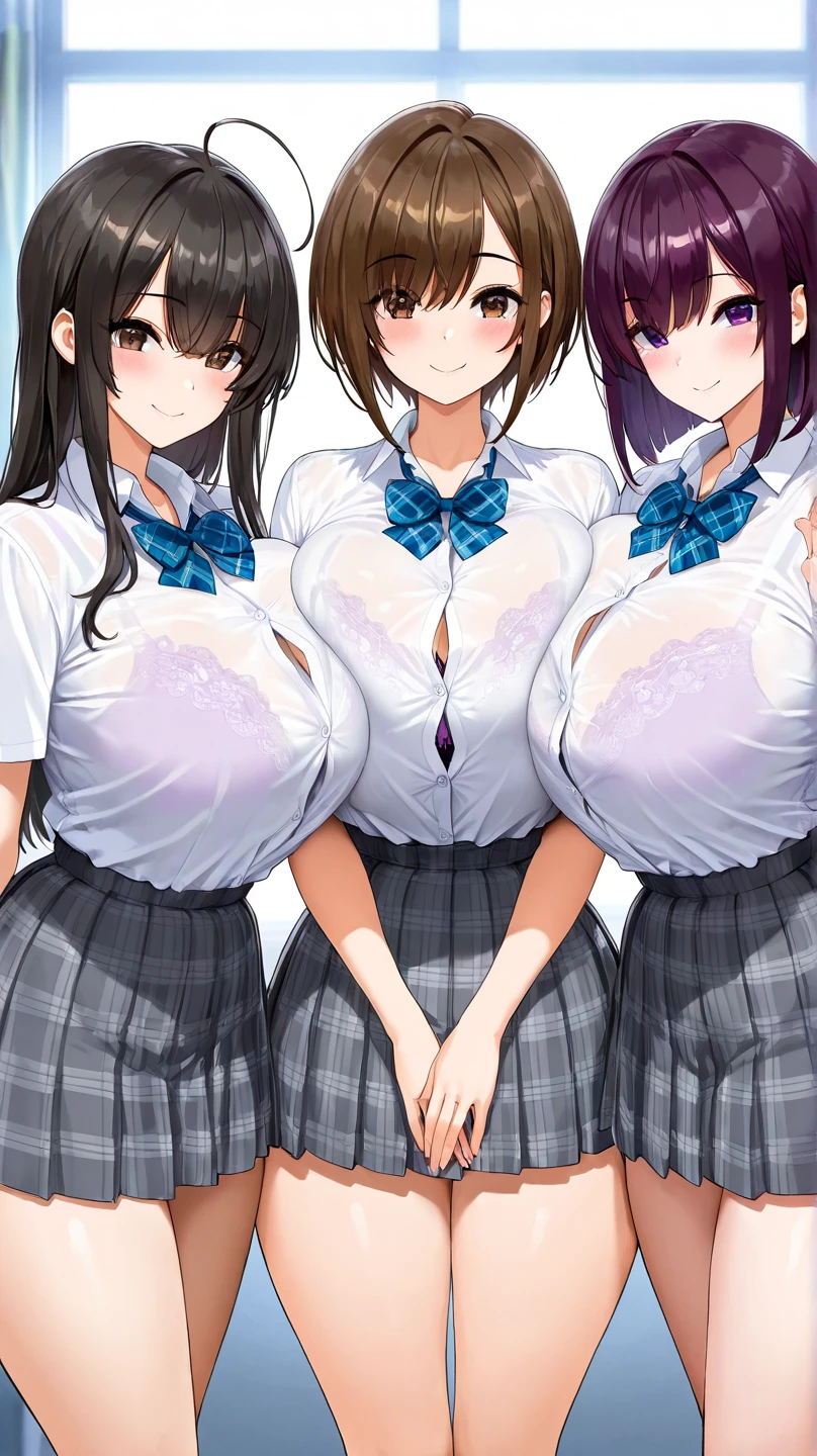 Anime Moe Art Style,Highest quality,High resolution,Anatomically correct,Multiple Girls,Mid-teens,Mr.々Hair style,Super detailed,Big Breasts,Shiny skin,Beautiful Skin,A rich expression,Bright smile,high school girl,Gal-style girl,Nipples are visible,classroom,high school girlの制服,Show off your chest,Lift the hem of a skirt,sexy,Eyes drawn in detail,16K