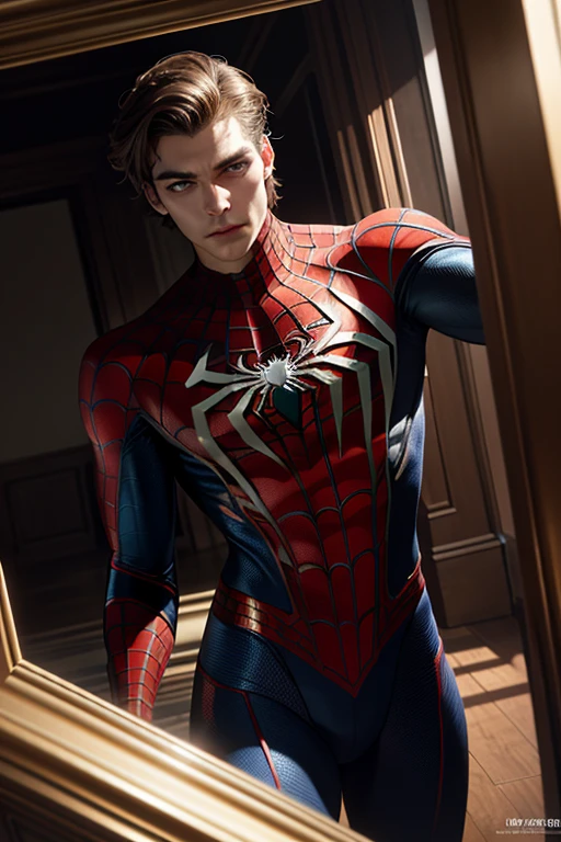 A photograph of Spider-Man., sin mascara, the 20s, elegant, detailed face, looking to the camera, portrait, 8k hd, high quality