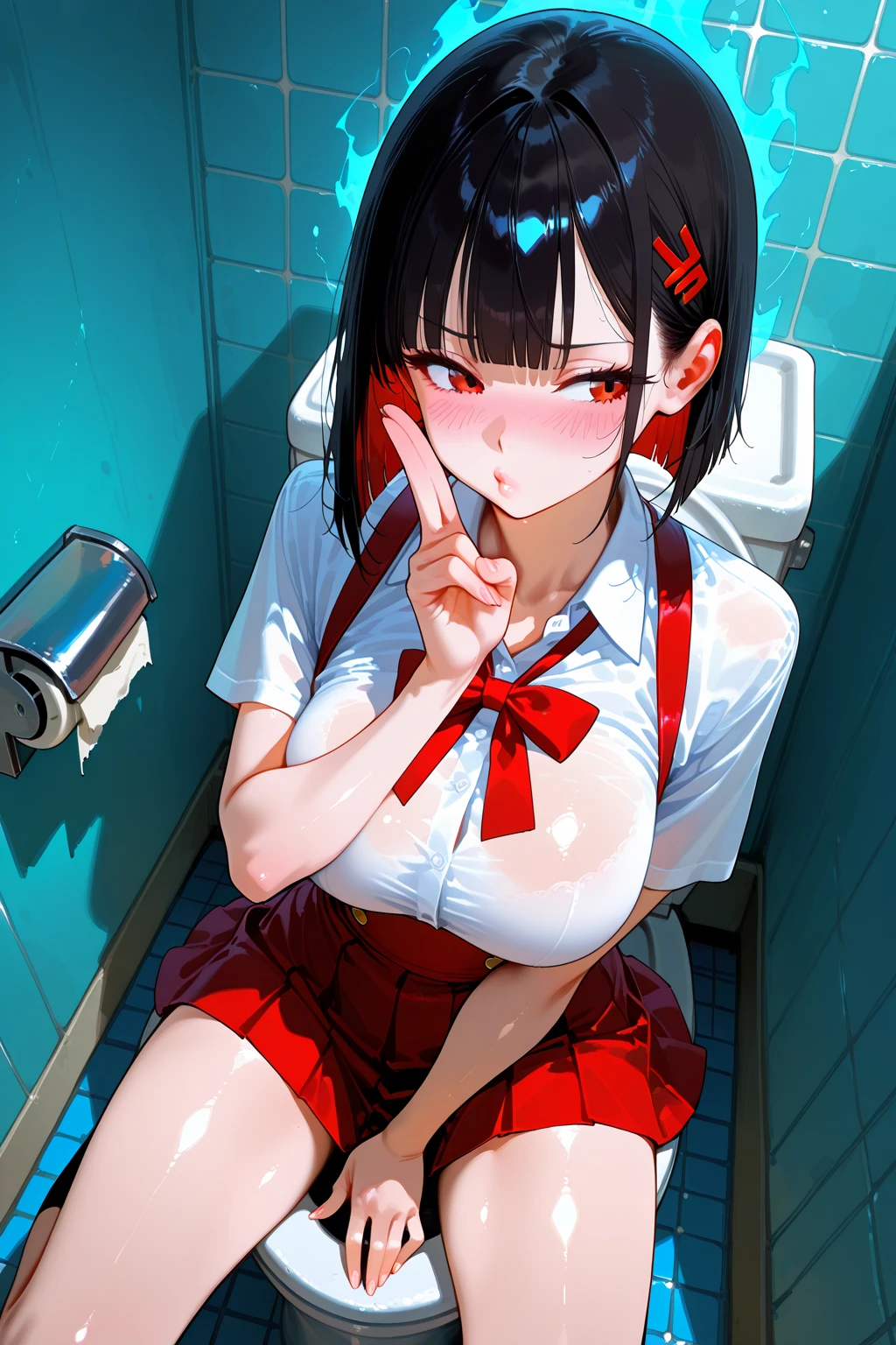 human, Hair black, eyes black, D cup breasts,1girls,quiet,staff shirt,bear fate,public restroom, upskirt,Take off shirt, TINY Micro bra, forced, hand job  , condom, left hand holding condom, chest already covered in semen,Pov