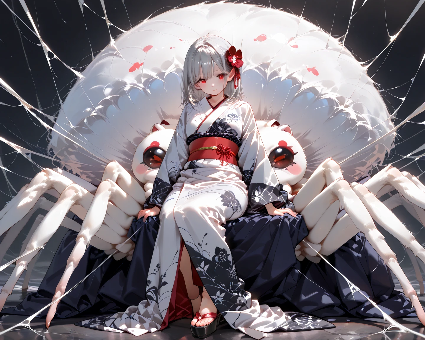 full body depiction、Alke、The lower body of a spider and the upper body of a person、 kimono、純白の kimono、red belt、gray hair、red eyes