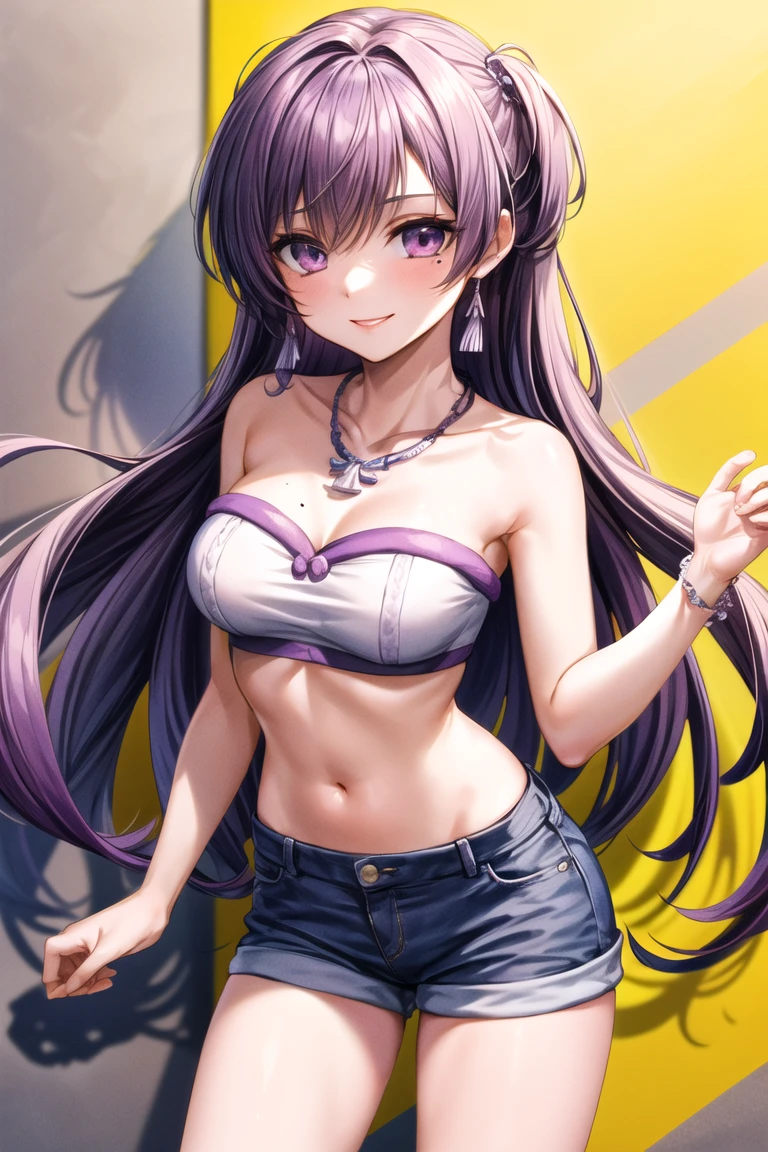 (highest quality:1.2, Very detailed, up to date, Vibrant, Ultra-high resolution, High Contrast, masterpiece:1.2, highest quality, Best aesthetics), Portraiture、girl, 25-years-old, Bright colors、Beautiful fine details、Beautiful lip detail, long hair、black and purple ((streaked hair:1.6)), highlights hair: 1.5, brown eyes, ((slim body:1.4)), (small breast:0.7), (dark skin:0.5), me and me in the mirror, her room, sexy underwear, cowboy shot