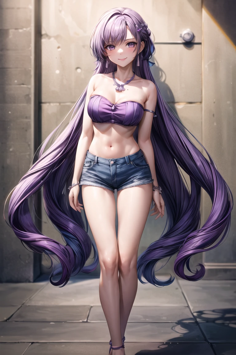 sfw, Girl with long purple hair, Slim, bike shorts, seen from behind, wearing bra,((skinny waist)), young asian girl, ((big breasted)),