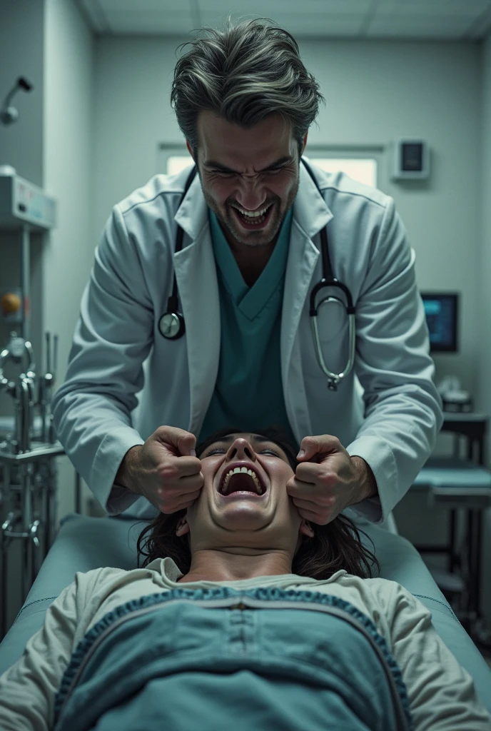 Male dentist with t-shirt gloves and socks stopping his patient from screaming with his hands 