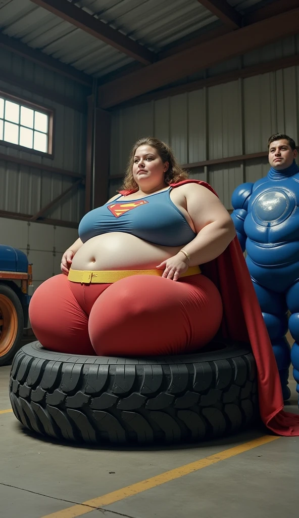fat superhero man in thong is hypnotized and weakened until he is defeated by a young girl, full bodies