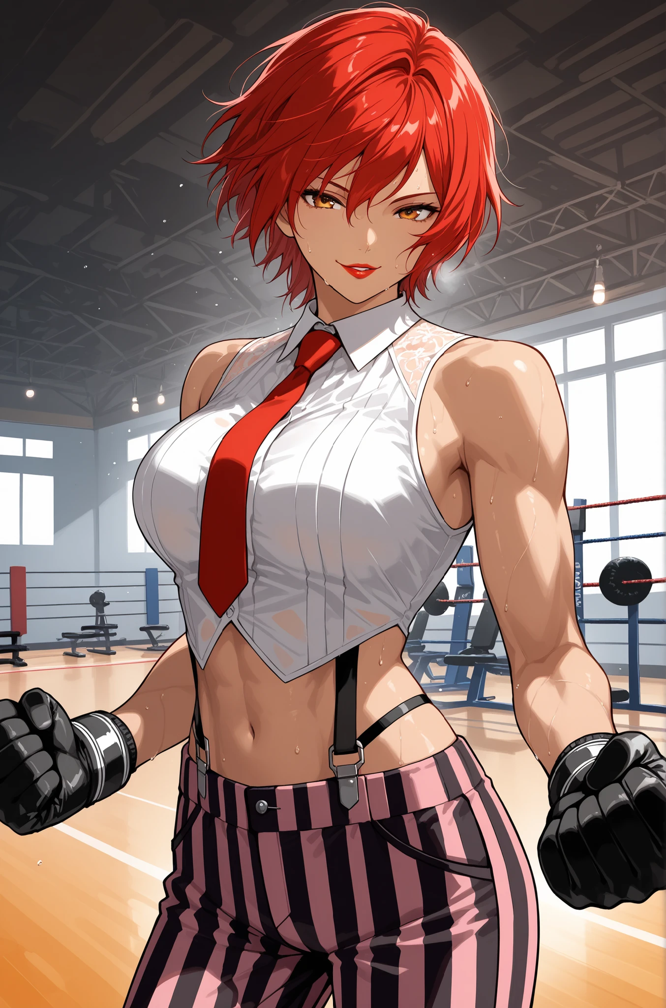 score_9, score_8_up, score_7_up, score_6_up, source_anime, BREAK masterpiece, VanessaKOF, red hair, short hair,toned,sleeveless shirt, red necktie, black gloves, striped pants, navel, suspenders, gym, flowing hair, seductive smile, parted lips, red lips, looking at viewer, sweating, boxing stance
