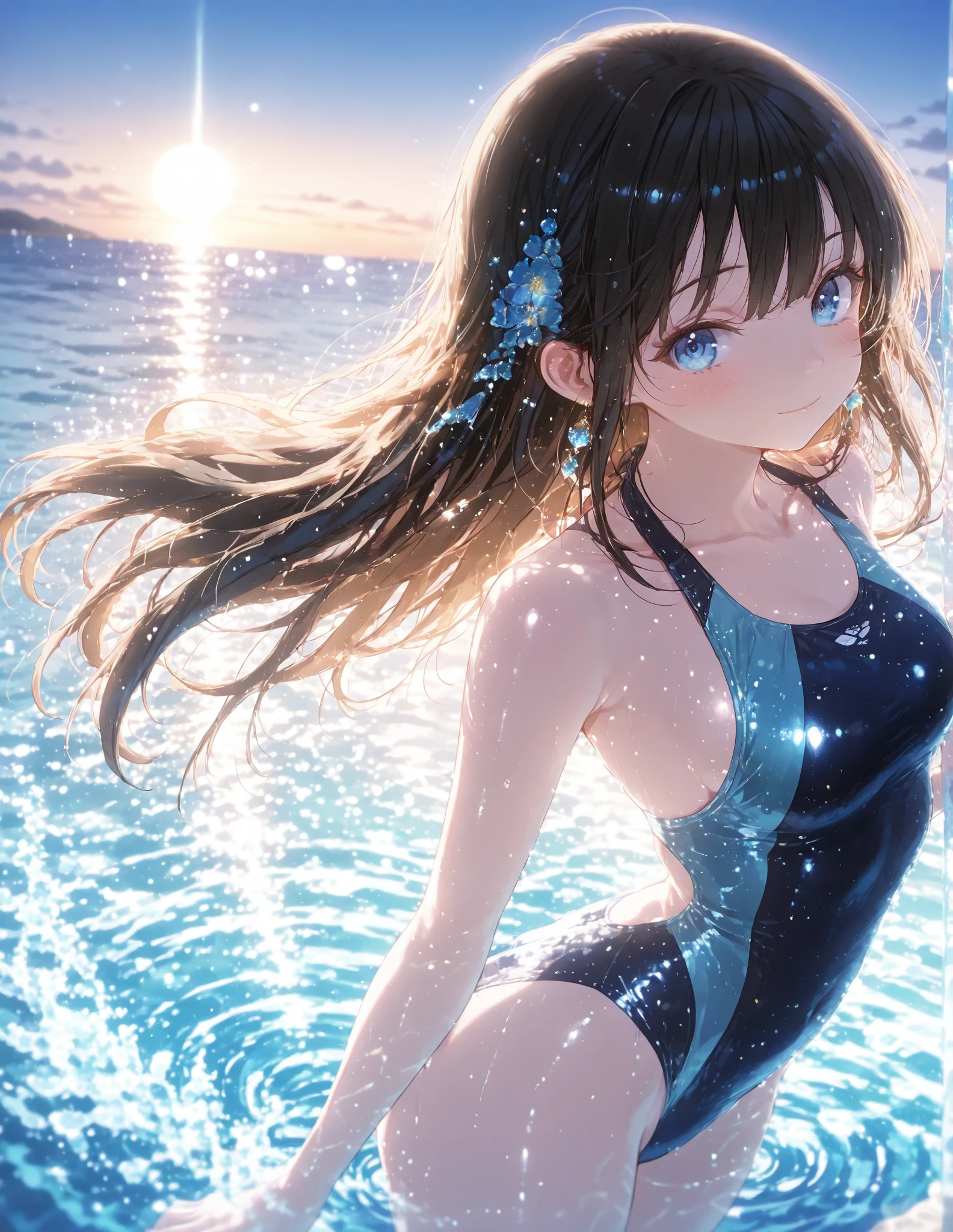 ((Metallic one-piece_swimsuits, lying on the water and floating, Mediterranean Sea)), skindentation, skinny, solo, 1 woman, Masterpiece, highest quality, highest quality, 16K, incredibly absurd, highly detailed, 2.5D, ai-generated, delicate and dynamic, very delicate facial expressions, delicate eye depiction, erotic, only sexy woman, healthy figure, 25-year-old woman, bride, 160cm tall, medium firm swaying bust, (dark hair), black eye, blush, Sweat,Embarrassed,sexy, ((thin thighs)), (Erect nipples:0.9), (visible nipples:0.9), (camel toe:0.8), ((shiny and lustrous)), facing straight at viewer, ((brown_skin:1.5)), ((Oily_skin)), sweaty skin, wet skin, dutch angle, sexy pose,lying,