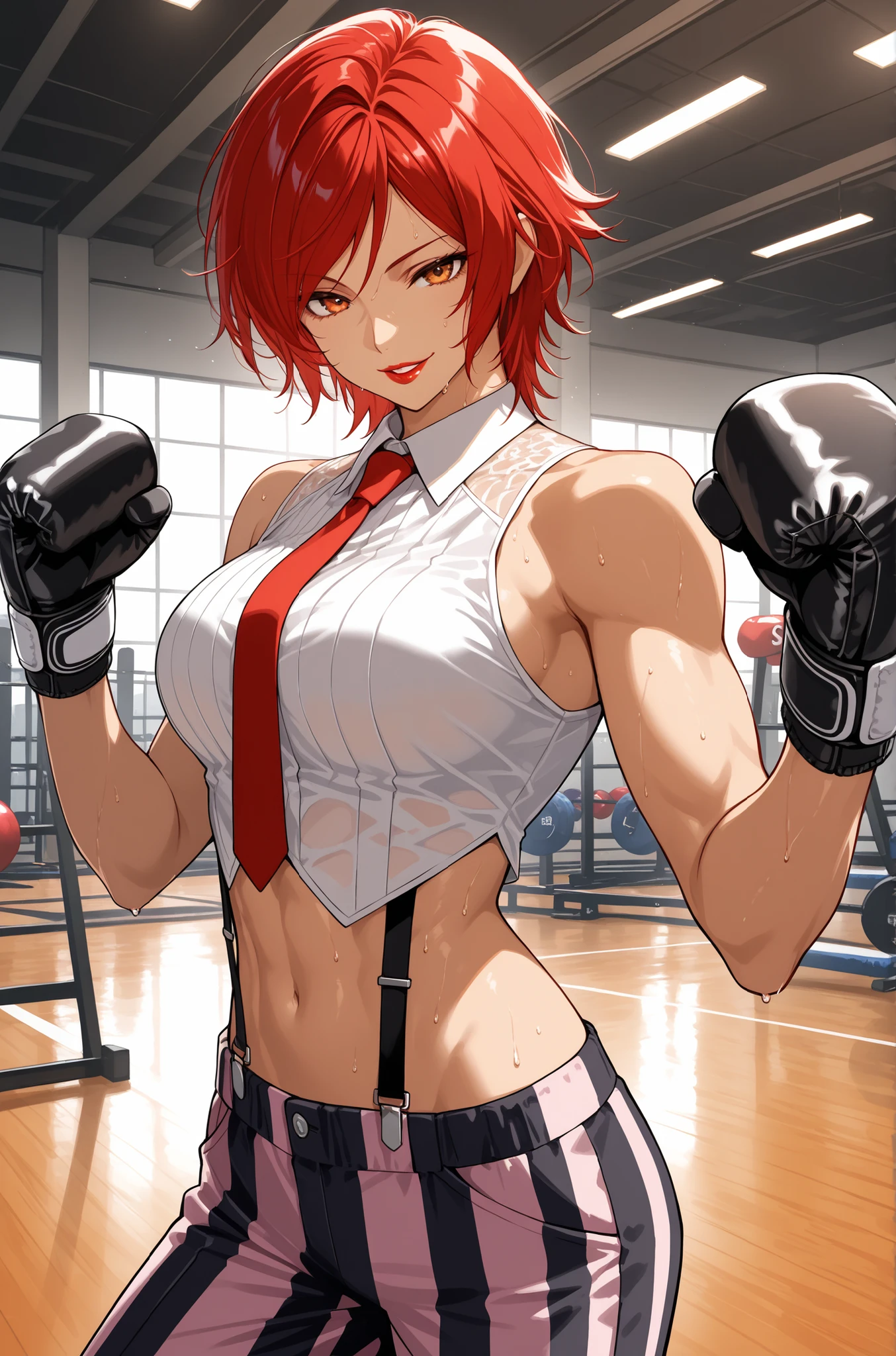 score_9, score_8_up, score_7_up, score_6_up, source_anime, BREAK masterpiece,   VanessaKOF, red hair, short hair,toned,sleeveless shirt, red necktie, black gloves, striped pants, navel, suspenders, gym, flowing hair, seductive smile, parted lips, red lips, looking at viewer, sweating,  boxing stance