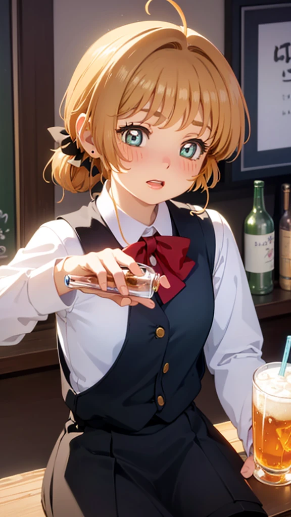 （（​masterpiece）、top-quality、Angel Girl、（校服）)、Drunken girl with beer mug、a smile、